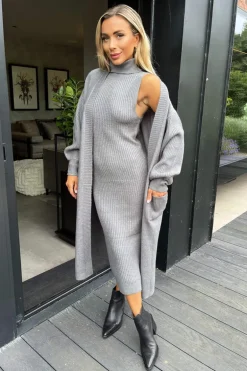 Mid Grey Knitted Midi Dress And Cardigan Co-ord