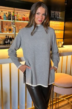 Mid Grey Mock Neck Side Split Contrast Hem Knitted Jumper