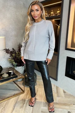 Mid Grey Round Neck Contrast Piping Detail Jumper