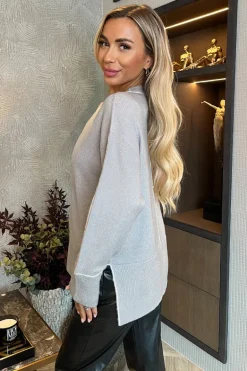 Mid Grey Round Neck Contrast Piping Detail Jumper