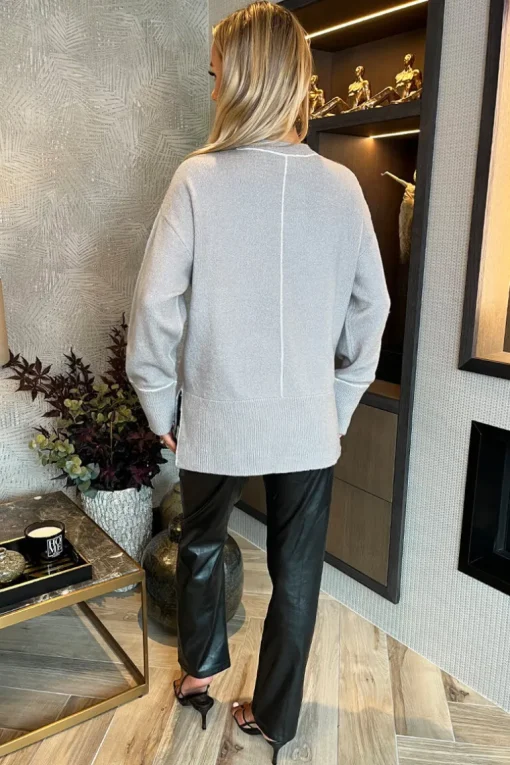 Mid Grey Round Neck Contrast Piping Detail Jumper