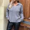 Mid- Grey V- Neck Collared Cable Knit Jumper