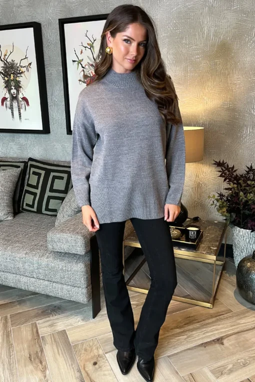 Mid-Grey Shoulder Button Detail Knit Jumper