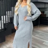 Mid-Grey V-Neck Knitted Midi Dress