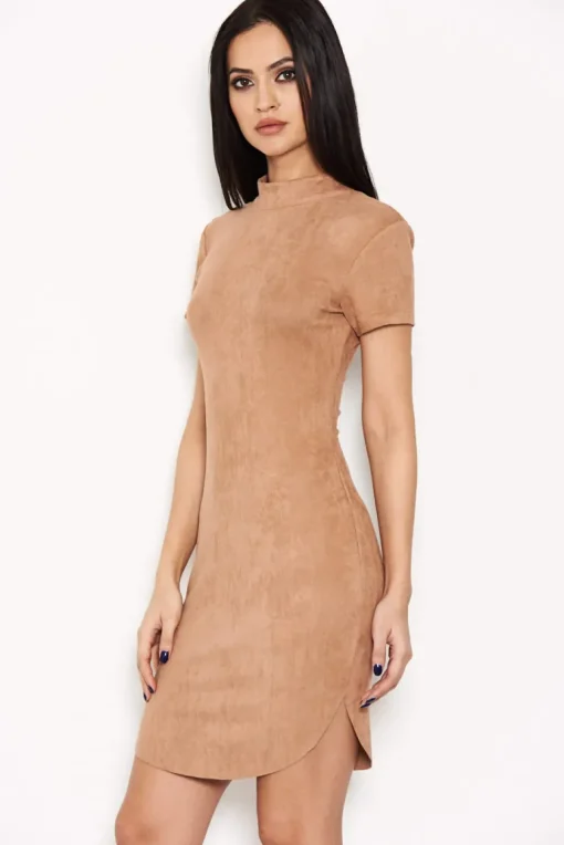 Mink Faux Suede Mini Dress with High Neck