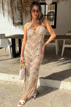 Mocha Open Knit Crochet Fringe Hem Midi Dress