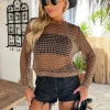 Mocha Open Stitch Crochet Long Sleeve Top