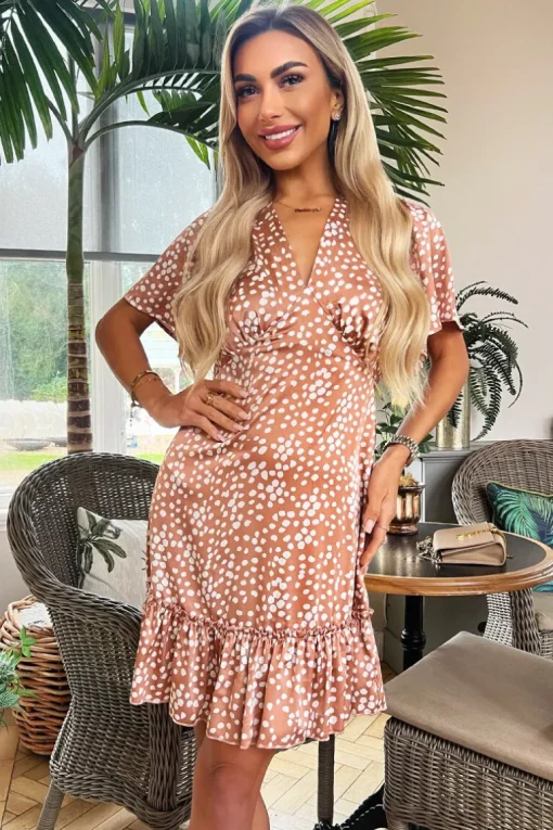 Mocha Printed Frill Hem Mini Dress