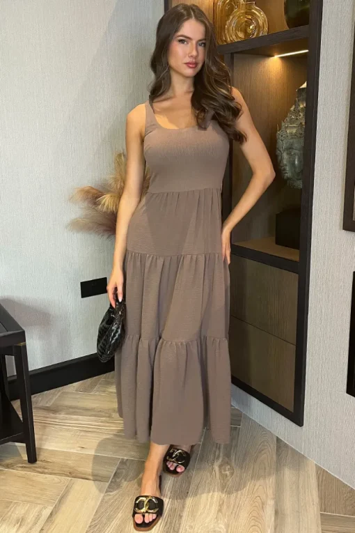 Mocha Round Neck Ribbed Top Tiered Skirt Midi Dress