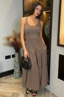 Mocha Round Neck Ribbed Top Tiered Skirt Midi Dress