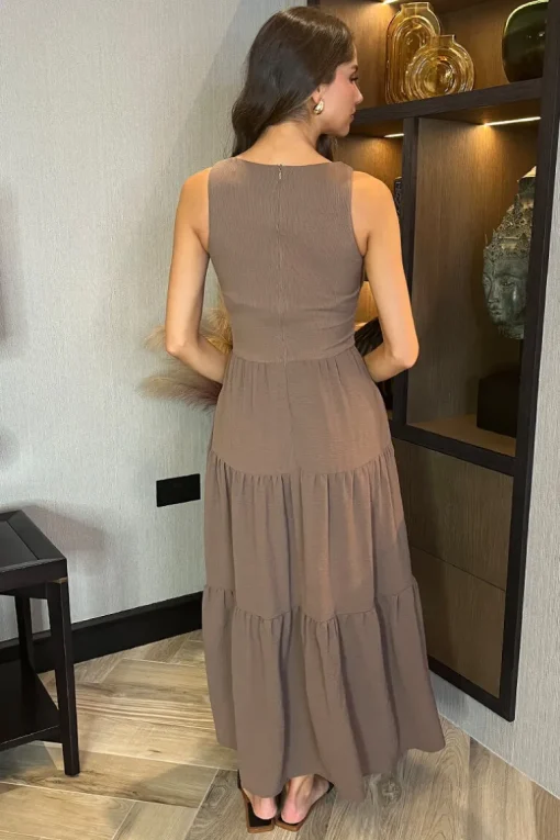 Mocha Round Neck Ribbed Top Tiered Skirt Midi Dress
