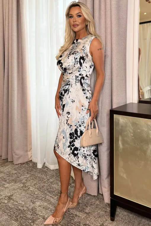 Multi Abstract Animal Print Gathered Midi Dress With Shoulder Pads