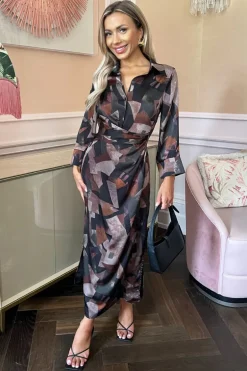 Multi Abstract Print 3/4 Sleeve Shirt Midi Dress