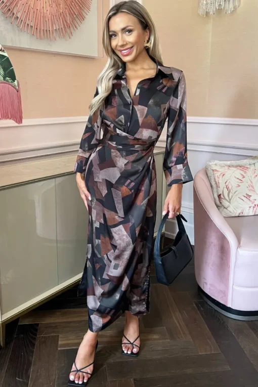 Multi Abstract Print 3/4 Sleeve Shirt Midi Dress
