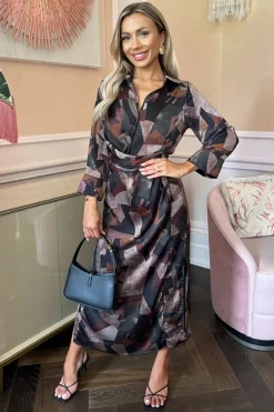 Multi Abstract Print 3/4 Sleeve Shirt Midi Dress