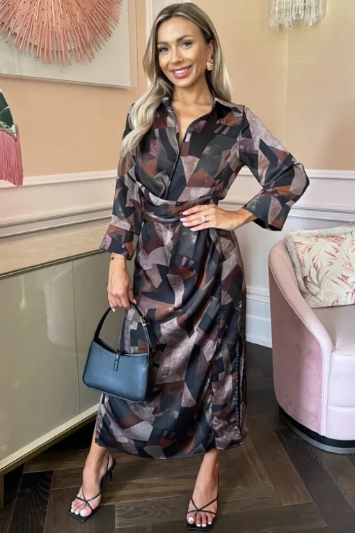 Multi Abstract Print 3/4 Sleeve Shirt Midi Dress