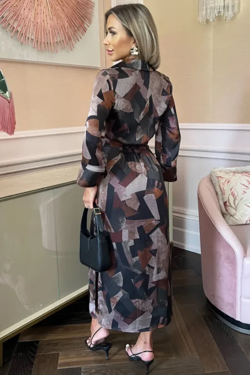Multi Abstract Print 3/4 Sleeve Shirt Midi Dress