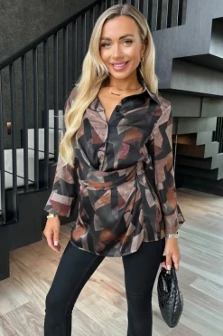 Multi Abstract Print Collared Gathered Waist Top