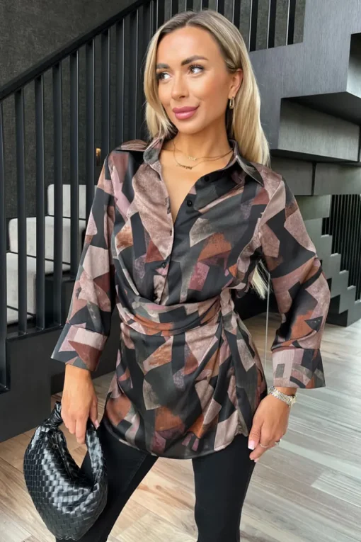 Multi Abstract Print Collared Gathered Waist Top