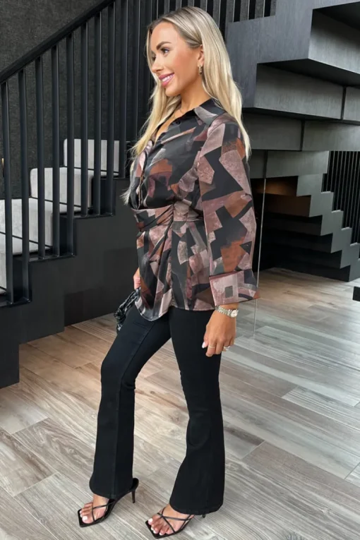 Multi Abstract Print Collared Gathered Waist Top