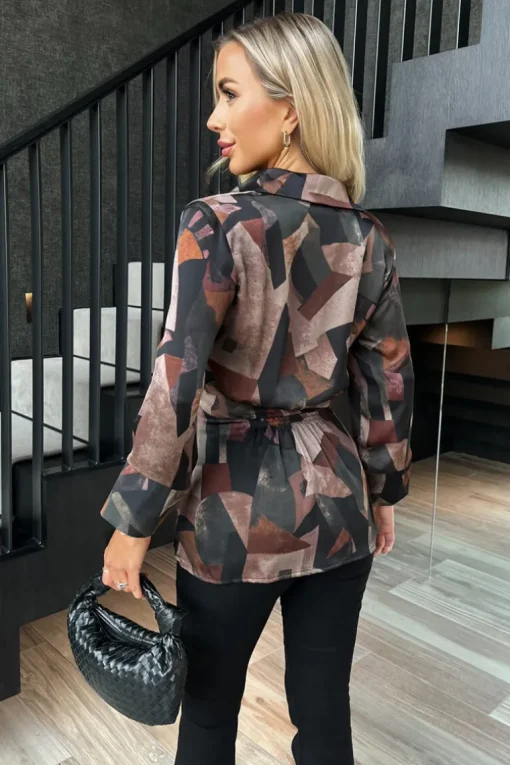 Multi Abstract Print Collared Gathered Waist Top