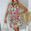 Multi Abstract Print High Neck Ruched Mini Dress