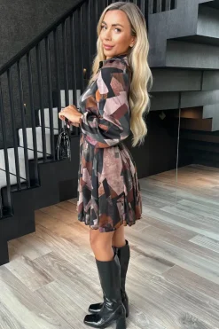 Multi Abstract Print Long Sleeve Mini Skater Dress