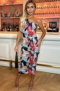 Multi Abstract Print Mesh One Shoulder Bodycon Midi Dress