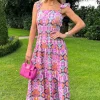 Multi Abstract Printed Frill Strap Midi Dress