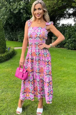 Multi Abstract Printed Frill Strap Midi Dress