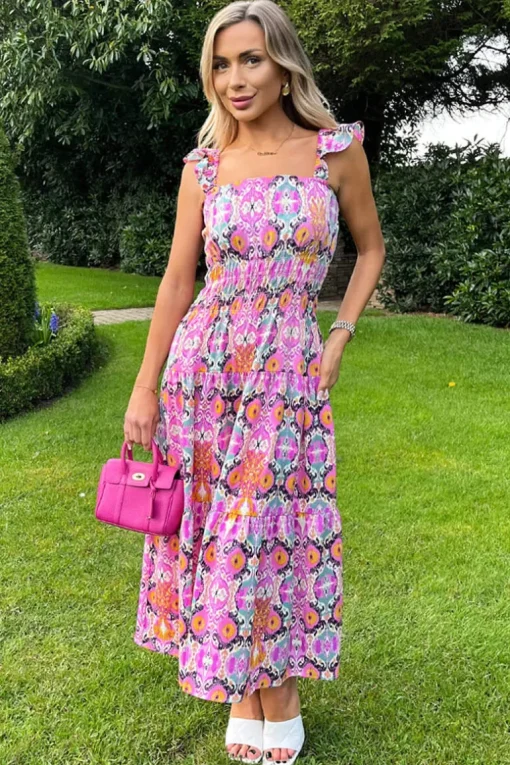 Multi Abstract Printed Frill Strap Midi Dress