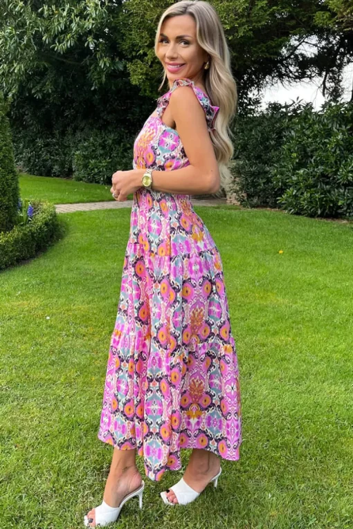 Multi Abstract Printed Frill Strap Midi Dress