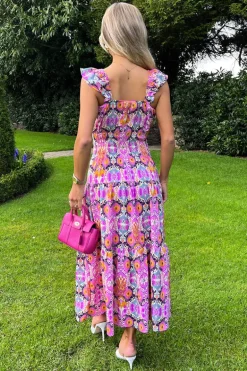 Multi Abstract Printed Frill Strap Midi Dress