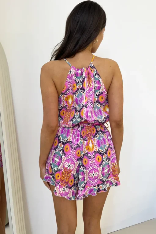Multi Abstract Printed High Neck Strappy Playsuit