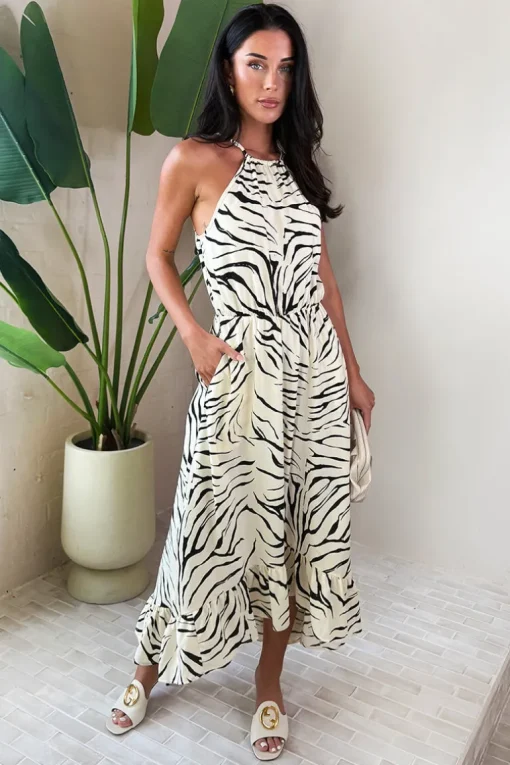 Multi Animal Print Frill Hem High Neck Midi Dress