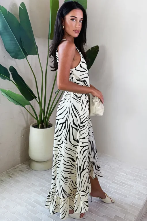 Multi Animal Print Frill Hem High Neck Midi Dress
