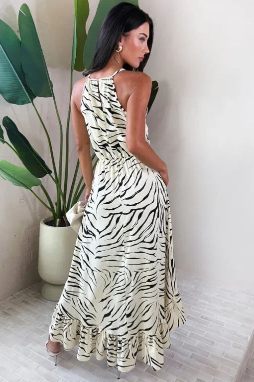 Multi Animal Print Frill Hem High Neck Midi Dress