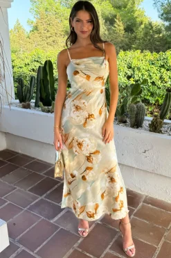 Multi Blossom Print Strappy Slip Midi Dress