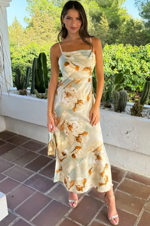Multi Blossom Print Strappy Slip Midi Dress