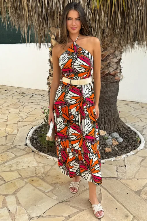 Multi Butterfly Print Halterneck Straw Belt Tiered Midi Dress