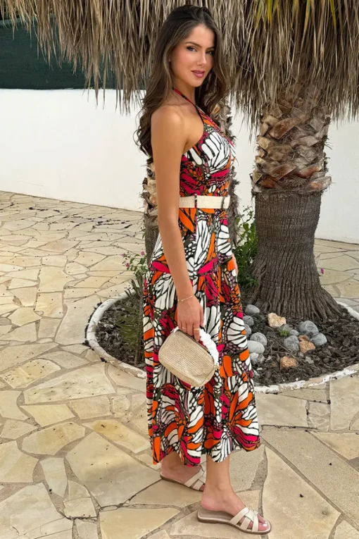 Multi Butterfly Print Halterneck Straw Belt Tiered Midi Dress