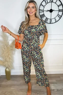 Multi Ditsy Floral Print Flutter Sleeve Jumpsuit