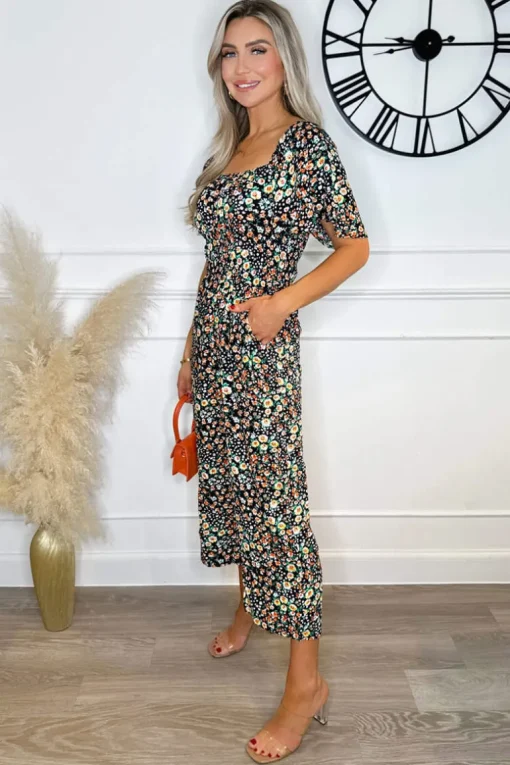 Multi Ditsy Floral Print Flutter Sleeve Jumpsuit