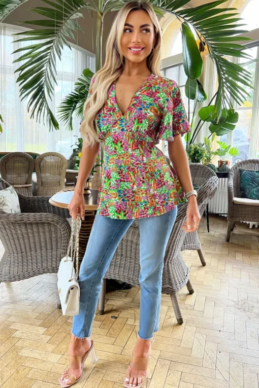 Multi Floral Garden Print V Neck Top