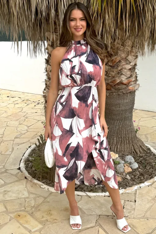 Multi Floral Print Halter Neck High Low Hem Midi Dress