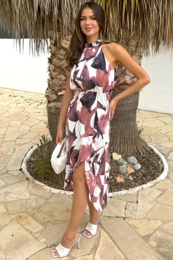 Multi Floral Print Halter Neck High Low Hem Midi Dress