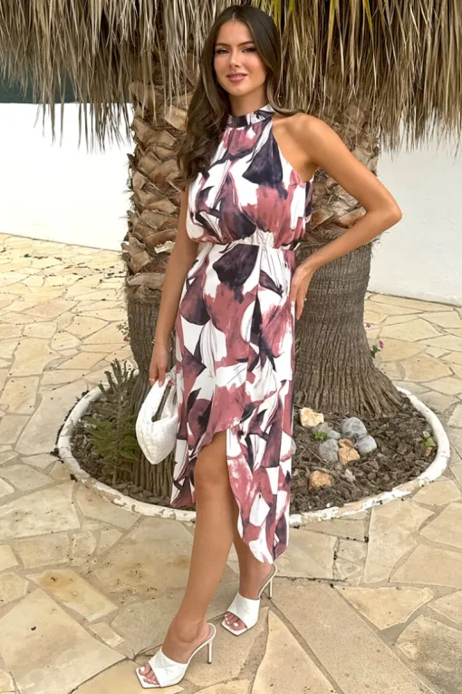 Multi Floral Print Halter Neck High Low Hem Midi Dress