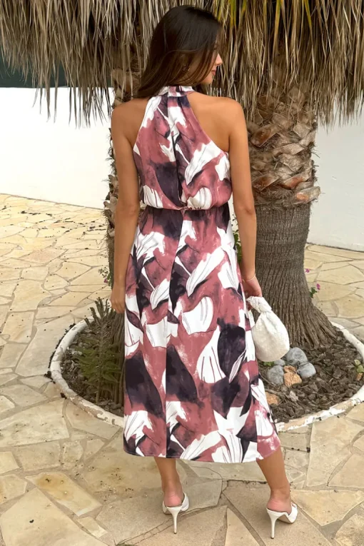 Multi Floral Print Halter Neck High Low Hem Midi Dress