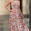 Multi Floral Print High Neck Tie Belt Midi Dress