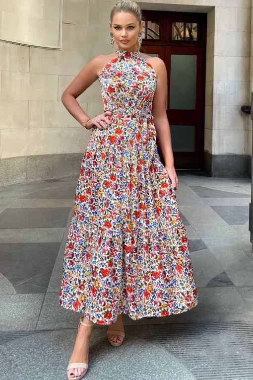 Multi Floral Print High Neck Tie Belt Midi Dress